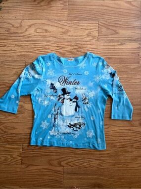 Vintage Studio Gem Q. Winter Snowman Graphic 3/4 Sleeve Top - Blue